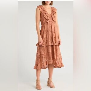 NSR Ruffled Lace High Low Dress in Tan